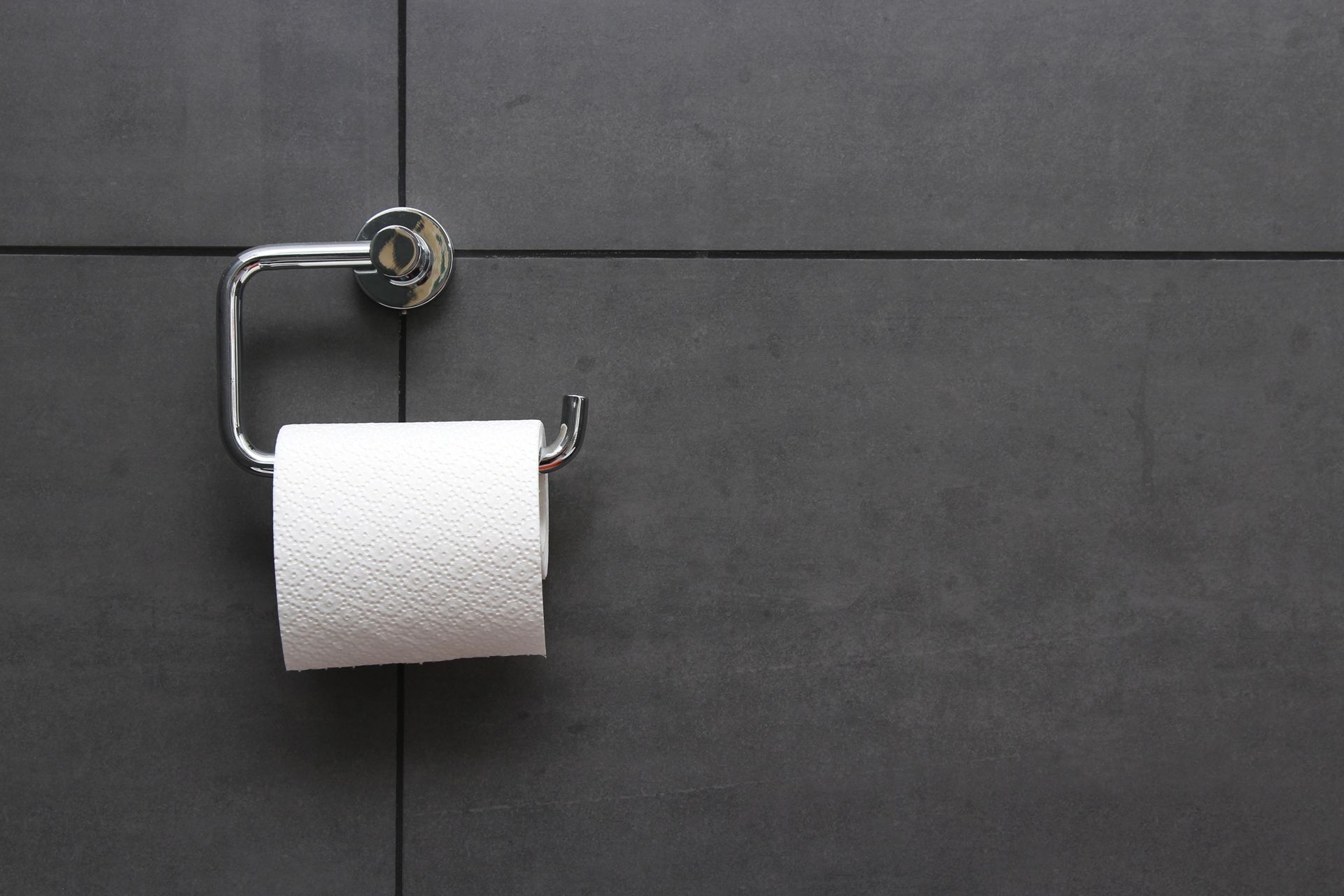 Toilet paper holder against a grey wall