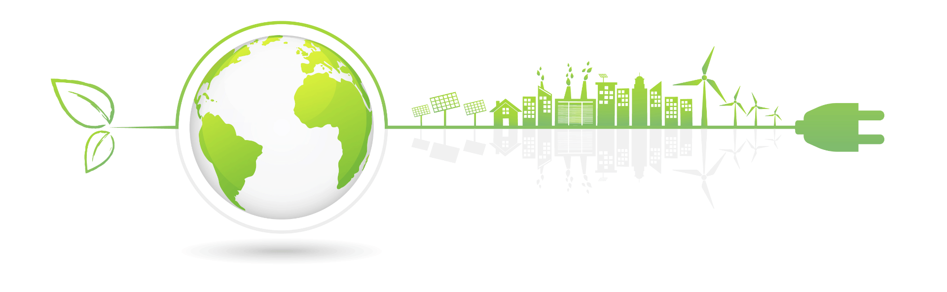 Green sustainable energy symbol with a globe, a cityscape and a plug