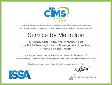 Service by Medallion has been recertified to the ISSA Cleaning Industry Management Standard Green Business (CIMS-GB)