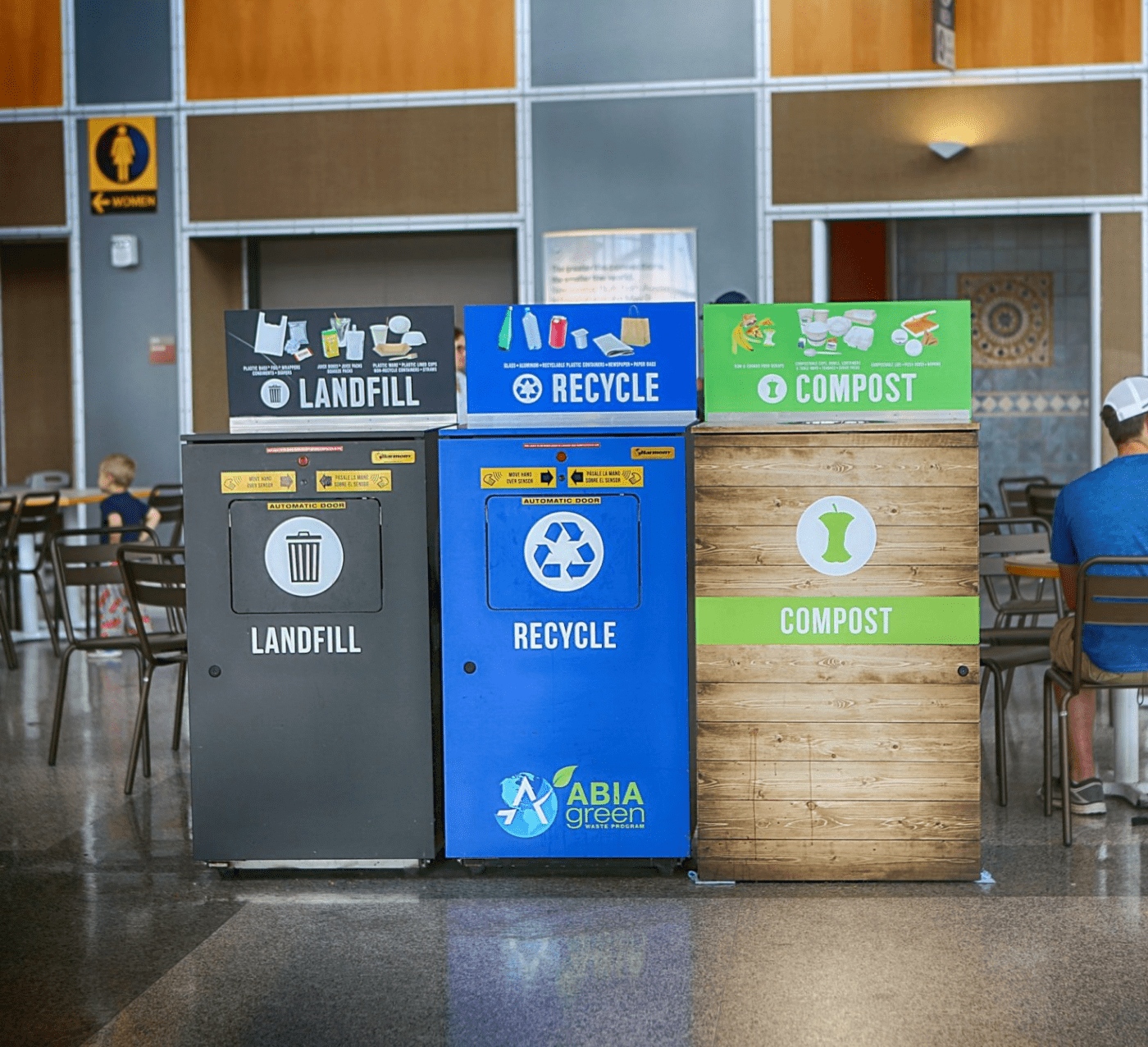 Three stream waste bin in the cafeteria of a corporate campus