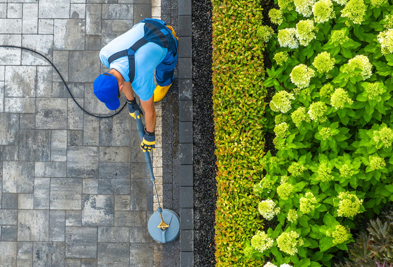 Technician pressure washing a paved walkway using a surface cleaner