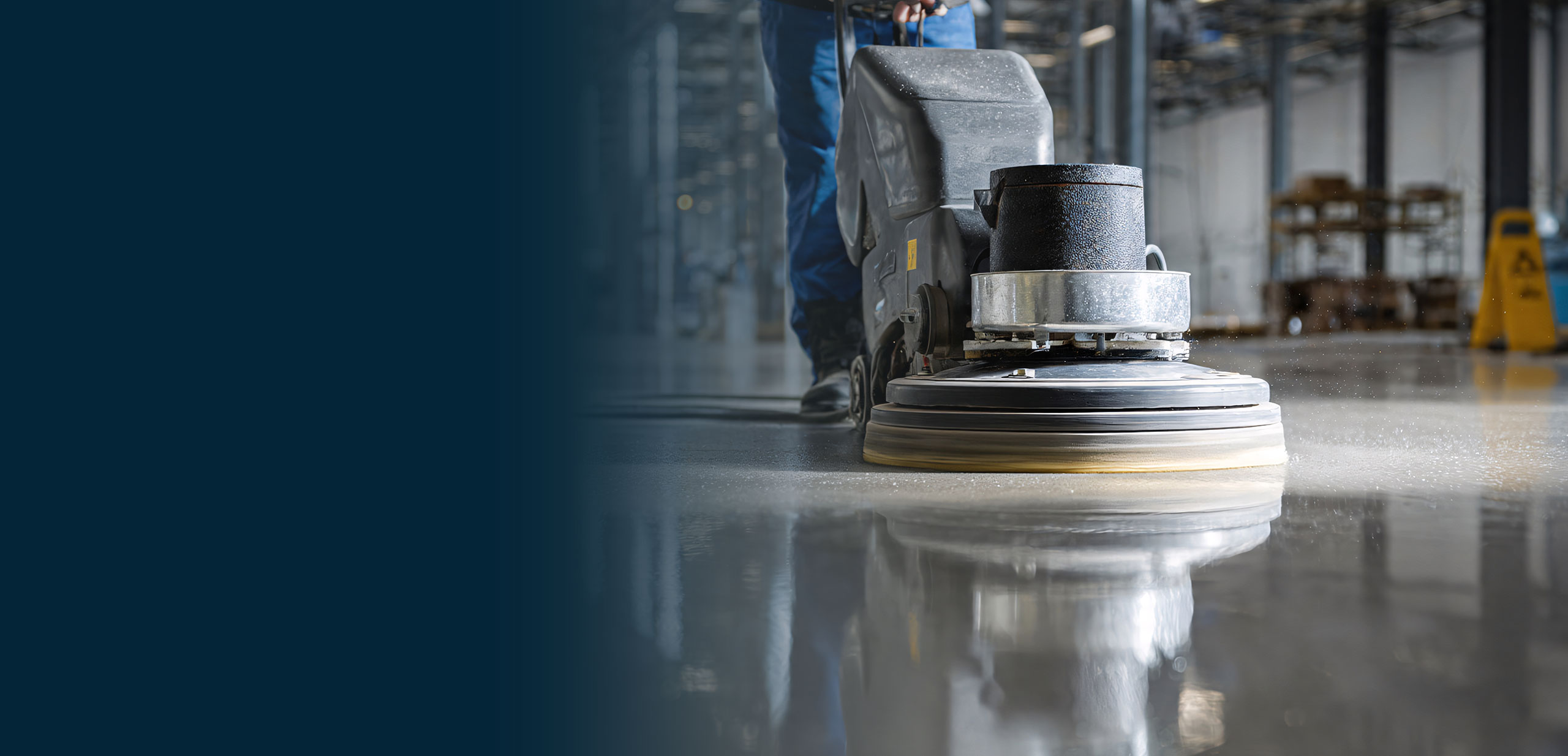 Commercial floor machine polishing and restoring a hard surface floor in a commercial facility