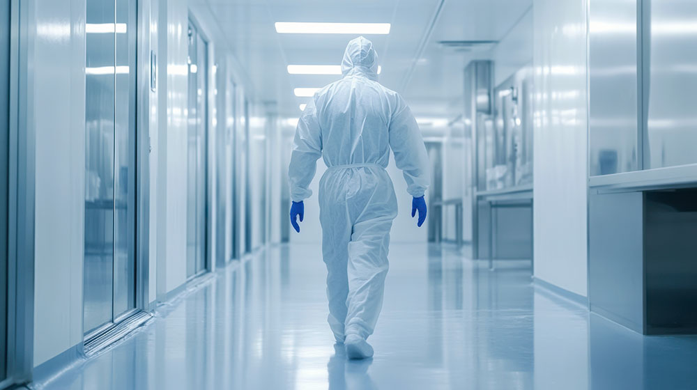 Cleaning professional in a bunny suit and gloves walking in a cleanroom environment