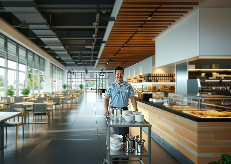 Kitchen staff moving a cart of dishes though a corporate campus cafeteria