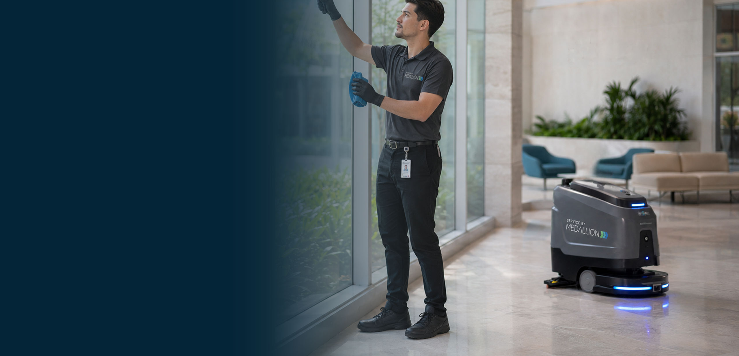 Janitor and robotic floor cleaner cleaning the lobby of a commercial property