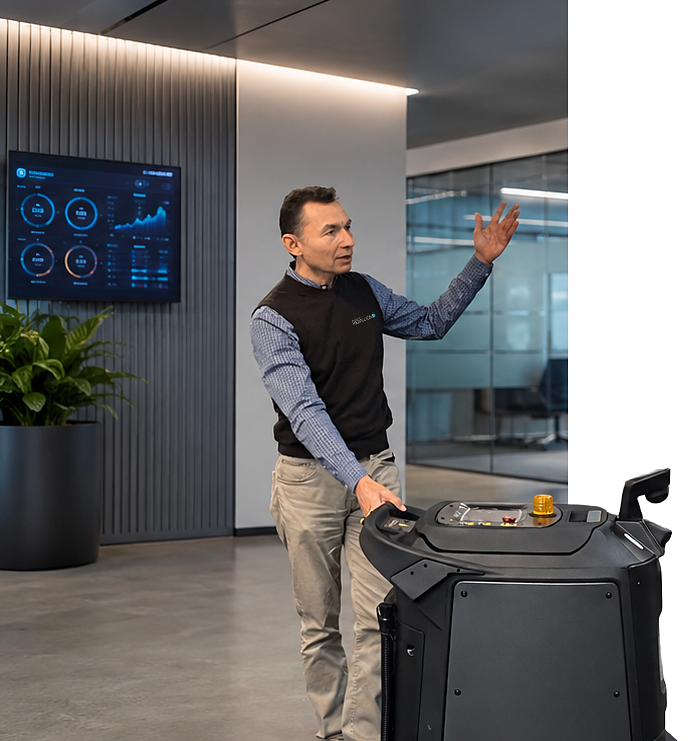 Facility services delivery executive demonstrating how a robotic floor cleaner functions