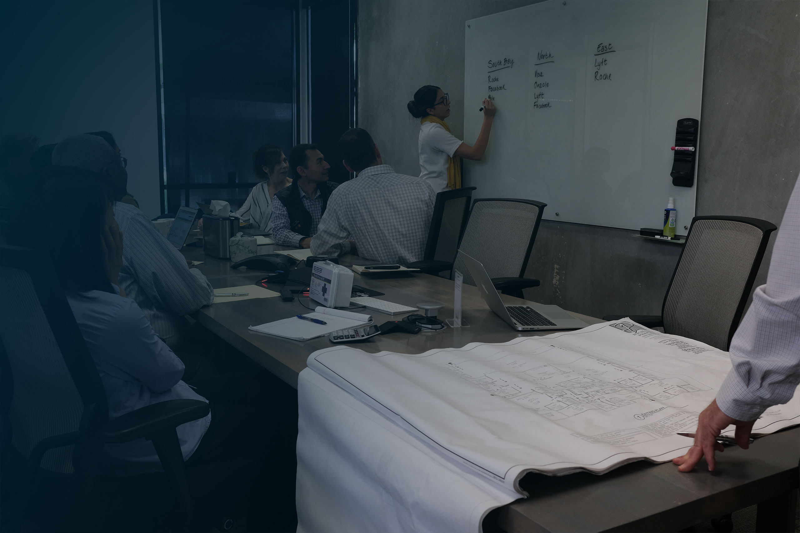 Employees seated around a table in a conference room reviewing plans