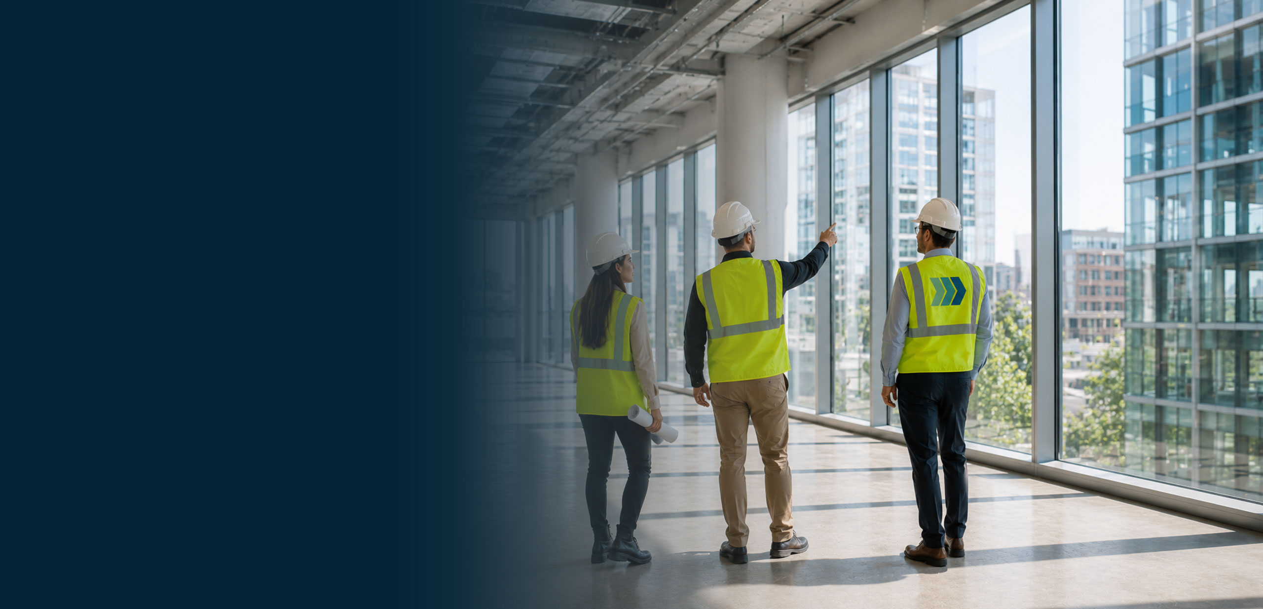 Three facility services employees looking at a commerical office building