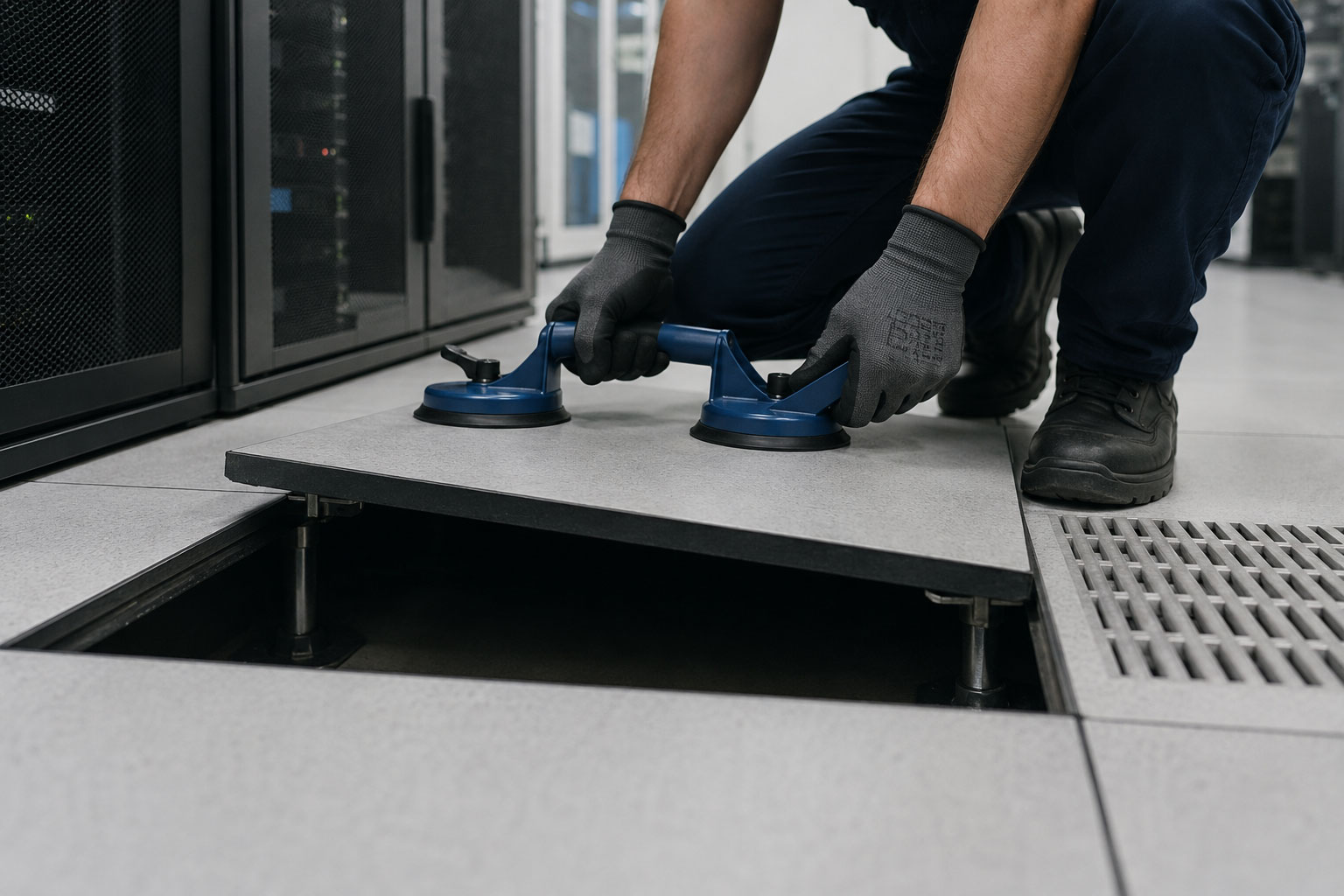 Technician lifting a raised floor panel in a data center to access underfloor infrastructure and equipment